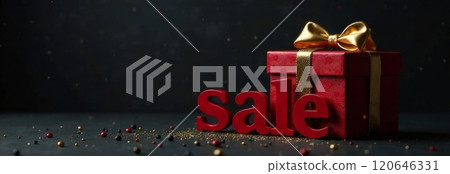 A vibrant red gift box decorated with a gold ribbon and bow sits beside bold red letters spelling sale. Shimmering festive decorations enhance the atmosphere, suggesting a holiday shopping event. A vibrant red gift box decorated with a gold ribbon and bow sits beside bold red letters spelling sale. Shimmering festive decorations enhance the atmosphere, suggesting a holiday shopping event. 120646331