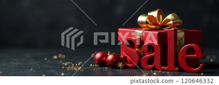 Red gift box with a golden bow sits beside the word sale, surrounded by shiny ornaments and sparkling decorations, creating a joyful atmosphere perfect for holiday shopping. Copy space 120646332
