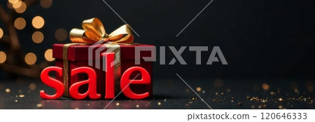 A vibrant red gift box adorned with a shiny golden bow sits on a dark surface, next to a bold sale sign. Surrounding bokeh lights create a festive atmosphere for holiday shopping. Copy space A vibrant red gift box adorned with a shiny golden bow sits on a dark surface, next to a bold sale sign. Surrounding bokeh lights create a festive atmosphere for holiday shopping. Copy space 120646333