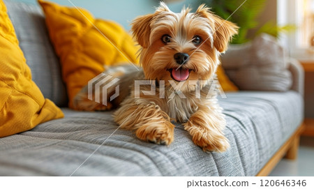 A cheerful small dog with fluffy fur lounges comfortably on a stylish couch adorned with bright yellow pillows. Sunlight pours in, creating a warm and inviting atmosphere. A cheerful small dog with fluffy fur lounges comfortably on a stylish couch adorned with bright yellow pillows. Sunlight pours in, creating a warm and inviting atmosphere. 120646346