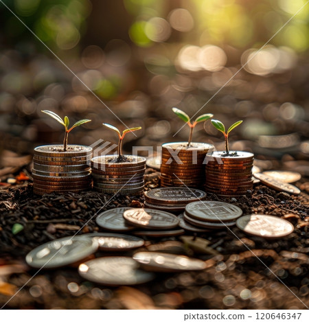 Small green seedlings emerge from stacks of coins, symbolizing growth and prosperity. The warm sunlight creates a serene atmosphere in this natural setting, inspiring hope for the future. Small green seedlings emerge from stacks of coins, symbolizing growth and prosperity. The warm sunlight creates a serene atmosphere in this natural setting, inspiring hope for the future. 120646347