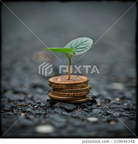 A small green plant emerges from a stack of coins resting on a rough surface. The juxtaposition of nature and currency highlights themes of growth and sustainability in an urban environment. A small green plant emerges from a stack of coins resting on a rough surface. The juxtaposition of nature and currency highlights themes of growth and sustainability in an urban environment. 120646348