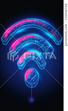 A modern representation of a wireless connectivity symbol shines in vibrant neon colors. The design features a dynamic blend of blue and pink hues, emphasizing technology and connectivity. A modern representation of a wireless connectivity symbol shines in vibrant neon colors. The design features a dynamic blend of blue and pink hues, emphasizing technology and connectivity. 120646349
