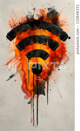 Colorful abstract artwork showcases a Wi-Fi symbol enveloped in flames and vibrant hues. The design blends dynamic colors with a vivid portrayal of connectivity and energy. 120646351