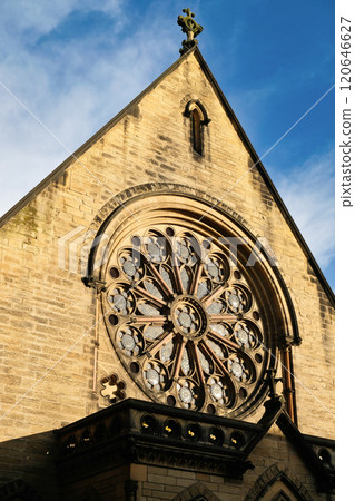 Rose window of The Welsh Presbyterian Church in Chester,UK. 120646627