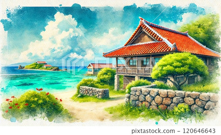 沖繩竹富島圖像水彩風格插畫 120646643