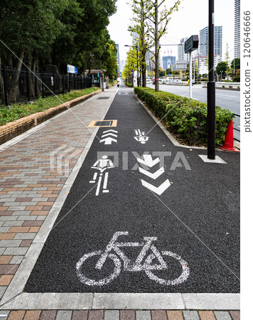"Bicycle navigation marks" installed on sidewalks where bicycles can pass "Bicycle navigation marks" installed on sidewalks where bicycles can pass 120646666