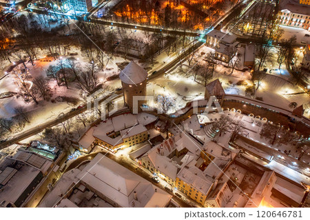 Aerial night View of Tallinn in winter, roofs are covered with snow, Christmas mood 120646781