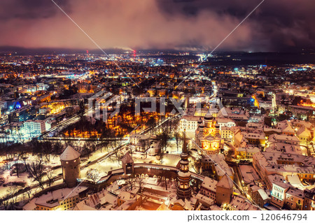 Aerial night View of Tallinn in winter with Alexander Nevsky Cathedral, roofs with snow, Christmas mood Aerial night View of Tallinn in winter with Alexander Nevsky Cathedral, roofs with snow, Christmas mood 120646794