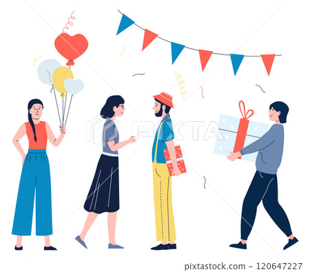 A group of people are standing around a birthday party with balloons 120647227
