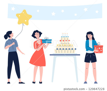 Three women are standing around a table with a cake and balloons 120647228