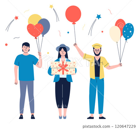 Three people are holding balloons and a box Three people are holding balloons and a box 120647229