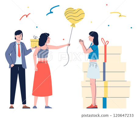 A man is giving a gift to a woman and a child 120647233