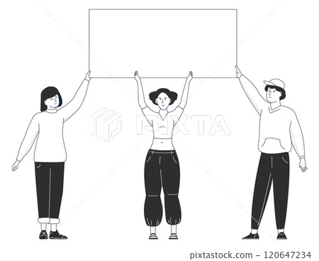 Three people are holding a white board 120647234
