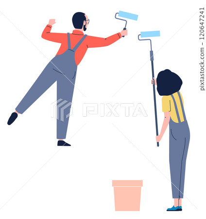 Two people painting a wall, one of them is wearing a yellow shirt Two people painting a wall, one of them is wearing a yellow shirt 120647241