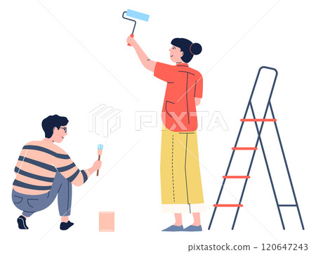 A man and a woman are painting a wall together A man and a woman are painting a wall together 120647243