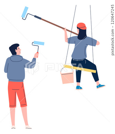 Two people painting a wall, one is on a swing Two people painting a wall, one is on a swing 120647245