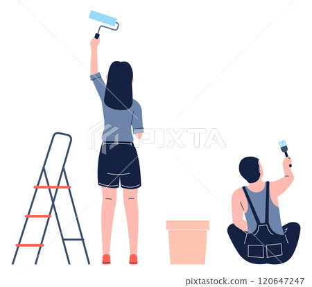 Two people painting a wall, one is holding a roller Two people painting a wall, one is holding a roller 120647247
