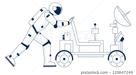 A man in a spacesuit is pulling a cart 120647249