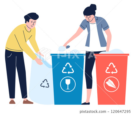 Two people are sorting trash into recycling bins 120647295