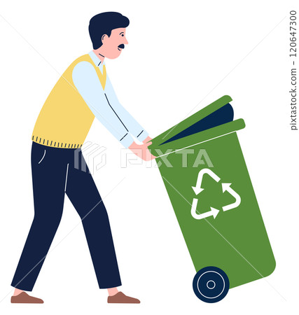 A man is holding a green trash can and pushing it A man is holding a green trash can and pushing it 120647300