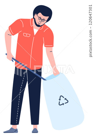 A man in a red shirt is holding a trash bag and a stick 120647301