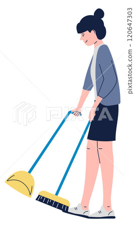 A woman is holding a broom and a dustpan 120647303