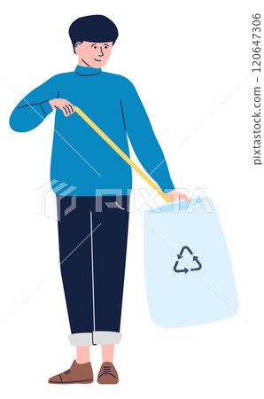 A man is holding a trash bag and a measuring tape A man is holding a trash bag and a measuring tape 120647306