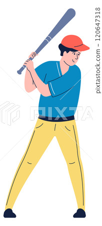 A young man in a blue shirt and yellow pants is holding a baseball bat 120647318