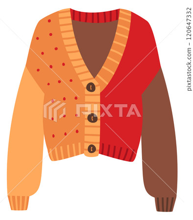 A colorful sweater with a red and orange section and a brown section A colorful sweater with a red and orange section and a brown section 120647332