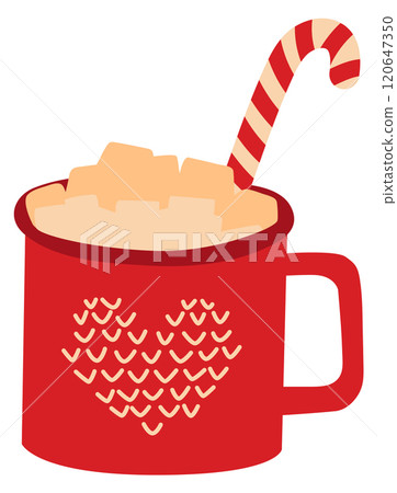 A red mug with a heart design on it and a red and white striped cane 120647350