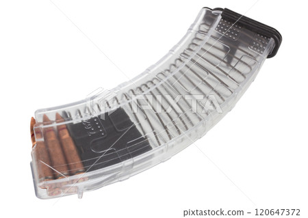 Gun magazine made of transparent plastic for Kalashnikov ak 47 assault rifle. Gun magazine made of transparent plastic for Kalashnikov ak 47 assault rifle. 120647372