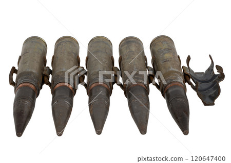 Ammunition belt with 30 mm armor piecing rounds for automatic canon 2A42 from infantry fighting vehicle BMP-2 used by the former Soviet Union. Isolated on white. Ammunition belt with 30 mm armor piecing rounds for automatic canon 2A42 from infantry fighting vehicle BMP-2 used by the former Soviet Union. Isolated on white. 120647400