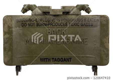 M18 Claymore mine is a directional anti-personnel mine developed for the United States Armed Forces. Back side. M18 Claymore mine is a directional anti-personnel mine developed for the United States Armed Forces. Back side. 120647410
