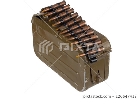 Ammo box with ammunition belt and 7.62 mm cartridges for kalashnikov PK or PKM machine gun isolated on white. Ammo box with ammunition belt and 7.62 mm cartridges for kalashnikov PK or PKM machine gun isolated on white. 120647412