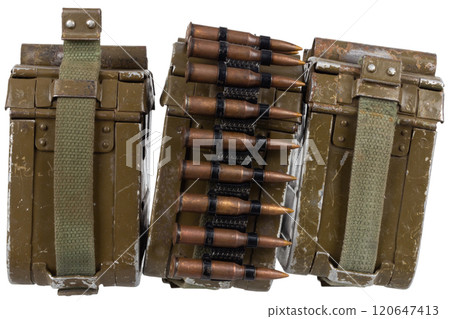 Ammo boxes with ammunition belt and 7.62 mm cartridges for kalashnikov PK or PKM machine gun isolated on white. Ammo boxes with ammunition belt and 7.62 mm cartridges for kalashnikov PK or PKM machine gun isolated on white. 120647413