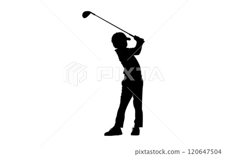Silhouette of a boy playing Golf. The child stands in profile and swung the stick to strike 120647504