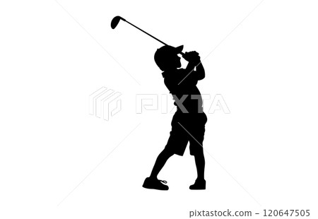Silhouette of a boy playing Golf. The child stands in profile and swung the stick to strike 120647505