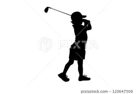 Silhouette of a boy playing Golf. The child stands in profile and swung the stick to strike Silhouette of a boy playing Golf. The child stands in profile and swung the stick to strike 120647509