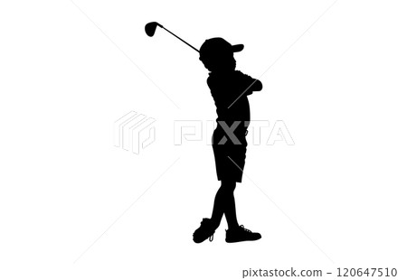 Silhouette of a boy playing Golf. The child stands in profile and swung the stick to strike 120647510