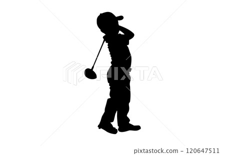 Silhouette of a boy playing Golf. The child stands in profile and swung the stick to strike 120647511