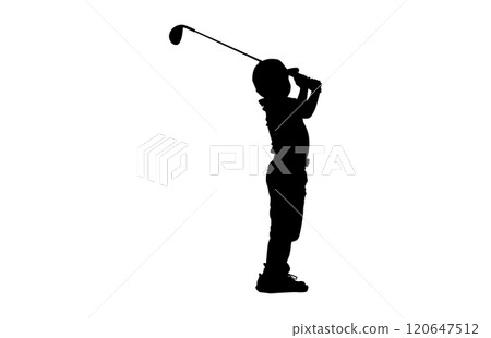 Silhouette of a boy playing Golf. The child stands in profile and swung the stick to strike 120647512