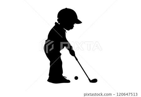 Silhouette of a boy playing Golf. The child stands in profile and swung the stick to strike 120647513