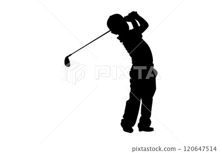 Silhouette of a boy playing Golf. The child stands in profile and swung the stick to strike 120647514