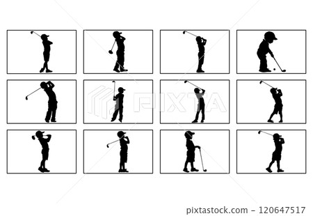 Silhouette of a boy playing Golf. The child stands in profile and swung the stick to strike Silhouette of a boy playing Golf. The child stands in profile and swung the stick to strike 120647517