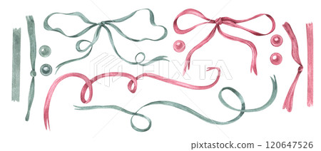 Dusty pink and green satin bows, ribbons, pearl beads watercolor illustration clip art. Decorative elements for birthday, Mother day, Christmas package, holiday design, invitation 120647526