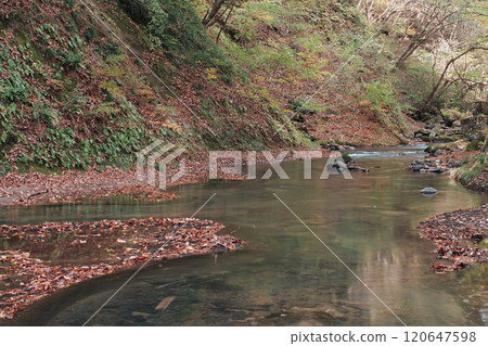 Autumn scenery of the Abukuma River beside the Nishinogo Promenade in Nishigo Village, Fukushima Prefecture 120647598