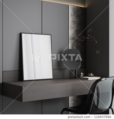 Mockup poster frame close up in dark interior background, 3d render Mockup poster frame close up in dark interior background, 3d render 120647666
