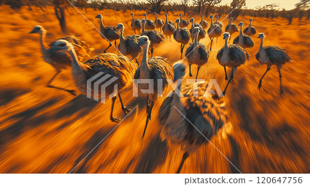 Group of emus energetically running across a golden landscape under the warm sunlight in an Australian bush setting 120647756