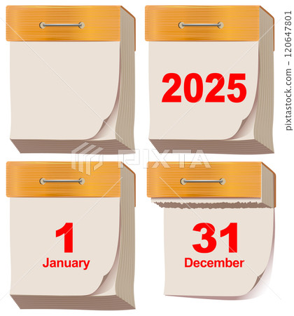 Tear off calendar new 2025 year blank sheet January 1 December 31 date 120647801
